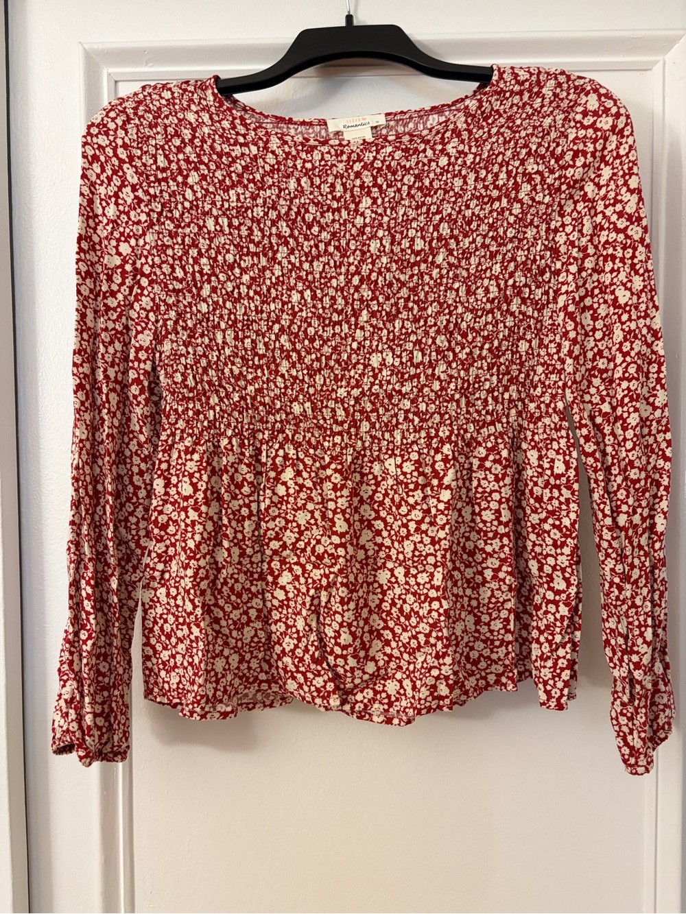 Red Floral Smocked Long-Sleeve Blouse